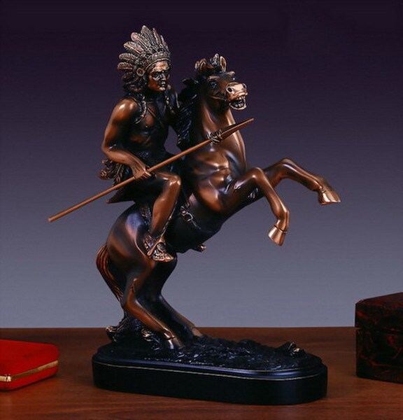 Chief On Horse Native American Statue Spear Warrior Figurine Art